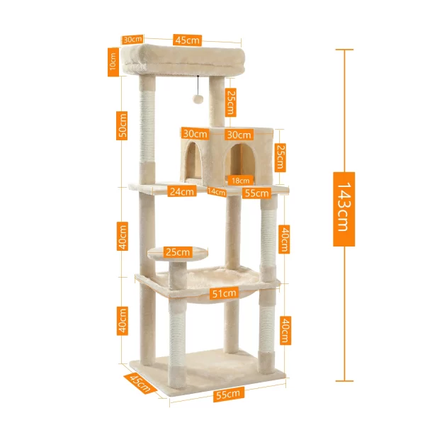 Cat Tree for Indoor Cats 5-Level Cat Tower for Large Cats with Large Hammock Sisal Covered Scratching Posts Cozy Condo Top Perch - Image 4