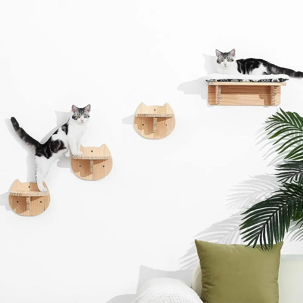 Wall-Mounted Cat Tree & Shelves – Wooden Cat Climbing System with Scratching Posts & Hammock