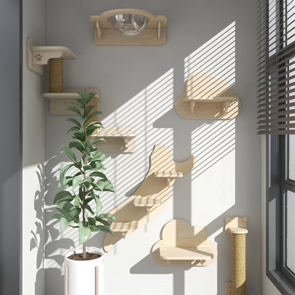 Wall-Mounted Cat Tree & Shelves – Wooden Cat Climbing System with Scratching Posts & Hammock - Image 6