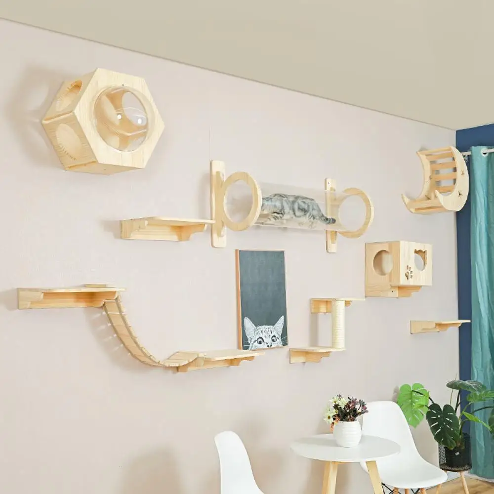 Wall-Mounted Cat Tree & Shelves – Wooden Cat Climbing System with Scratching Posts & Hammock