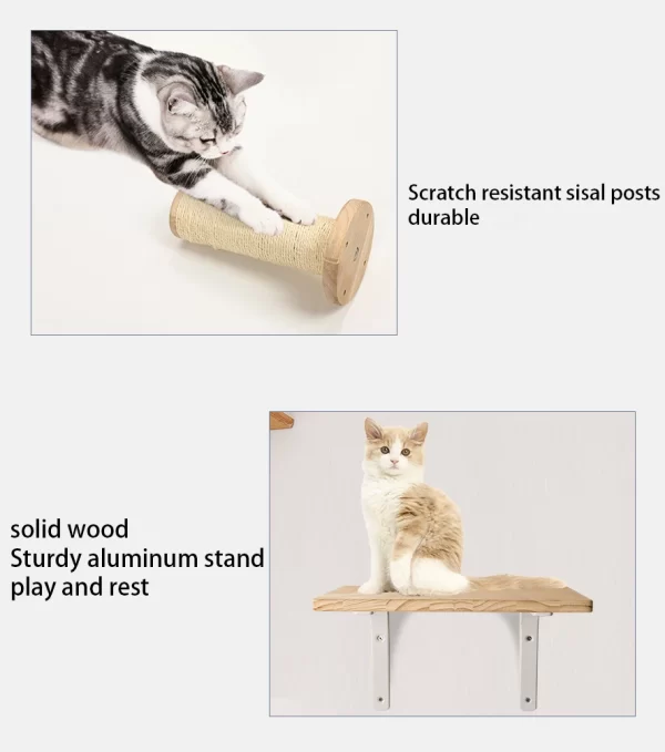 Wall-Mounted Cat Tree & Shelves – Wooden Cat Climbing System with Scratching Posts & Hammock - Image 4