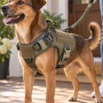 Brown mixed breed dog wearing an olive no pull harness with the bungee leash held at the edge of frame