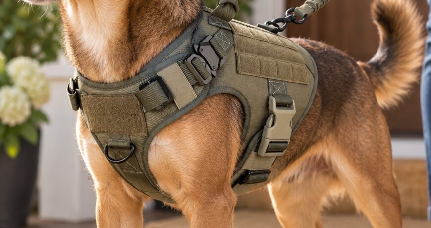 Brown mixed breed dog wearing an olive no pull harness with the bungee leash held at the edge of frame