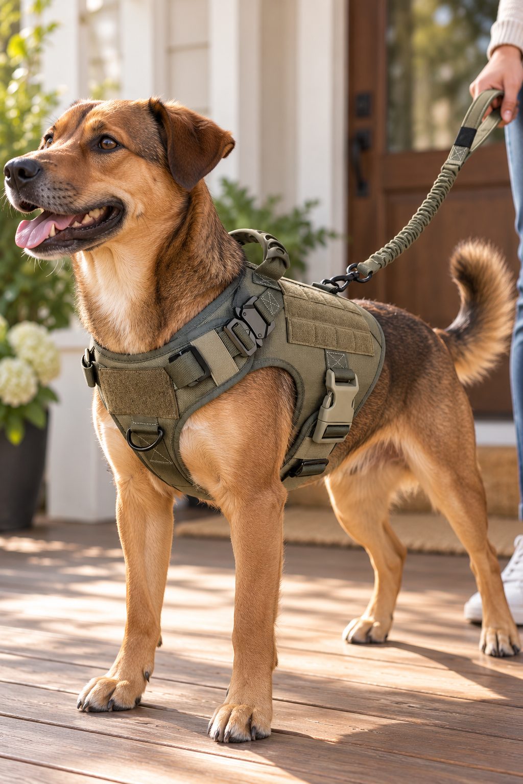 Brown dog wearing an olive no pull harness on a porch with the bungee leash held at the edge of frame