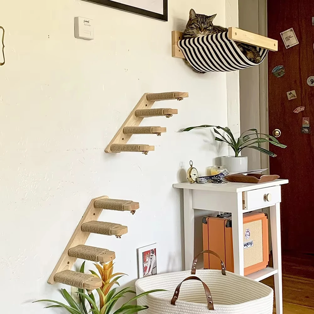 Cat Wall Stairway: Four Wooden Steps with Sisal Scratching Post - Image 3
