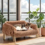 Raised Plush Cat Sofa Bed with Wooden Legs – Elevated Cat Couch for Indoor Cats