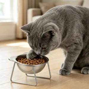 Tilted Stainless Steel Cat Bowl with Stand: Raised 15 Degree Feeder