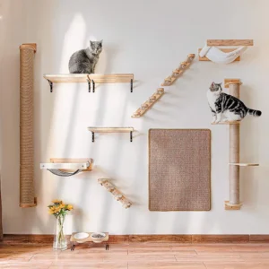 Cat Wall Stairway: Four Wooden Steps with Sisal Scratching Post