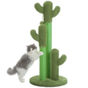 Cactus Cat Scratching Post: Tall Sisal Scratcher with 3 Posts and a Dangling Ball