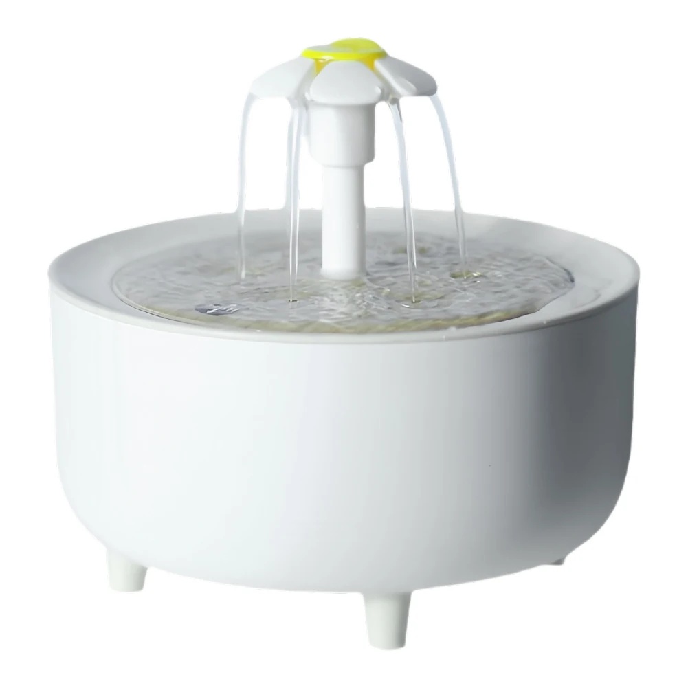 A white 1.2 litre filtered cat water fountain seen from the side