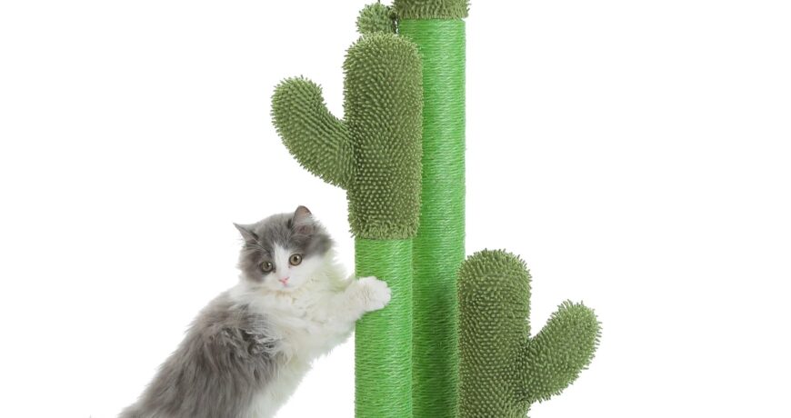 A tall cactus shaped cat scratching post with three sisal wrapped arms