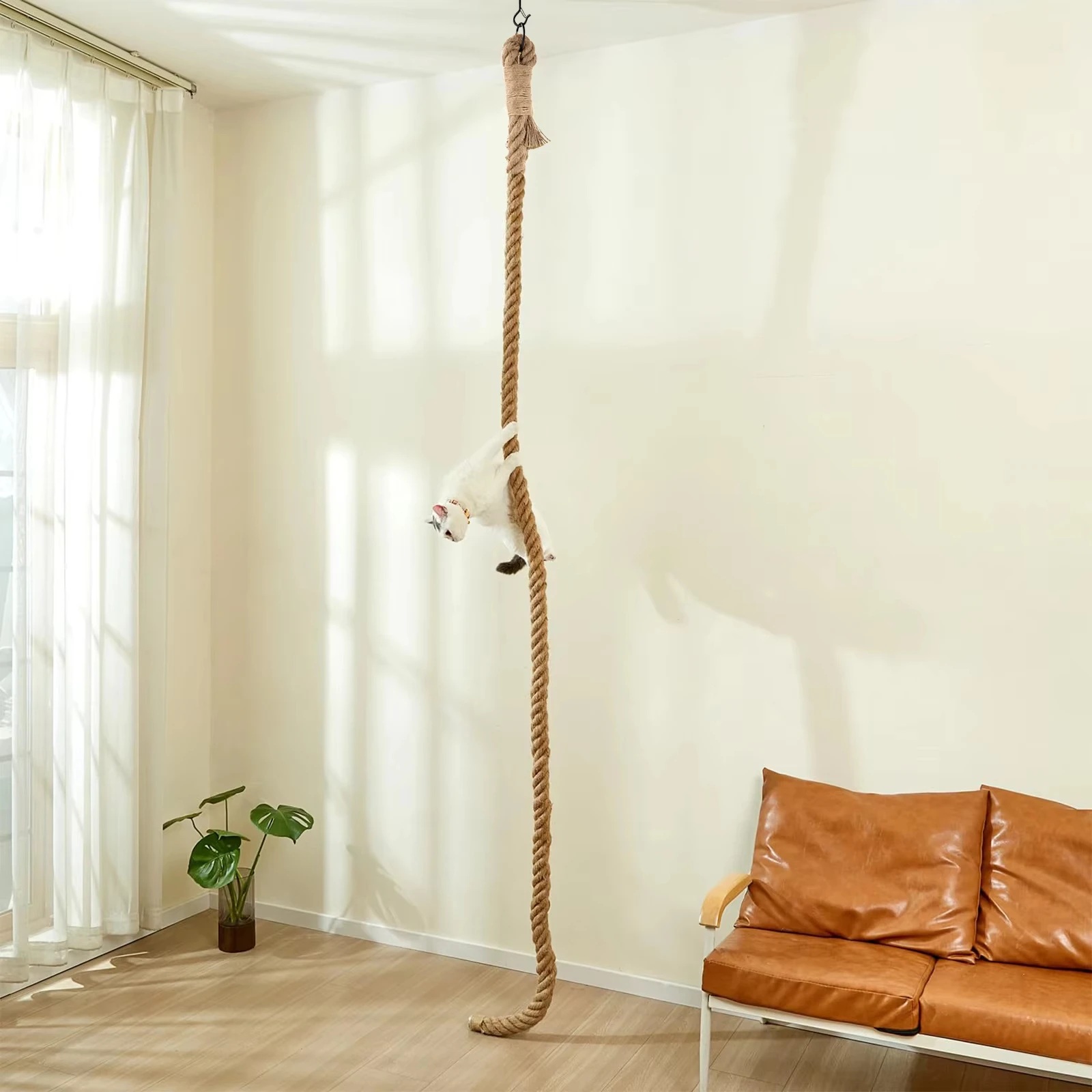 A thick natural sisal rope fixed between ceiling and floor for a cat to climb